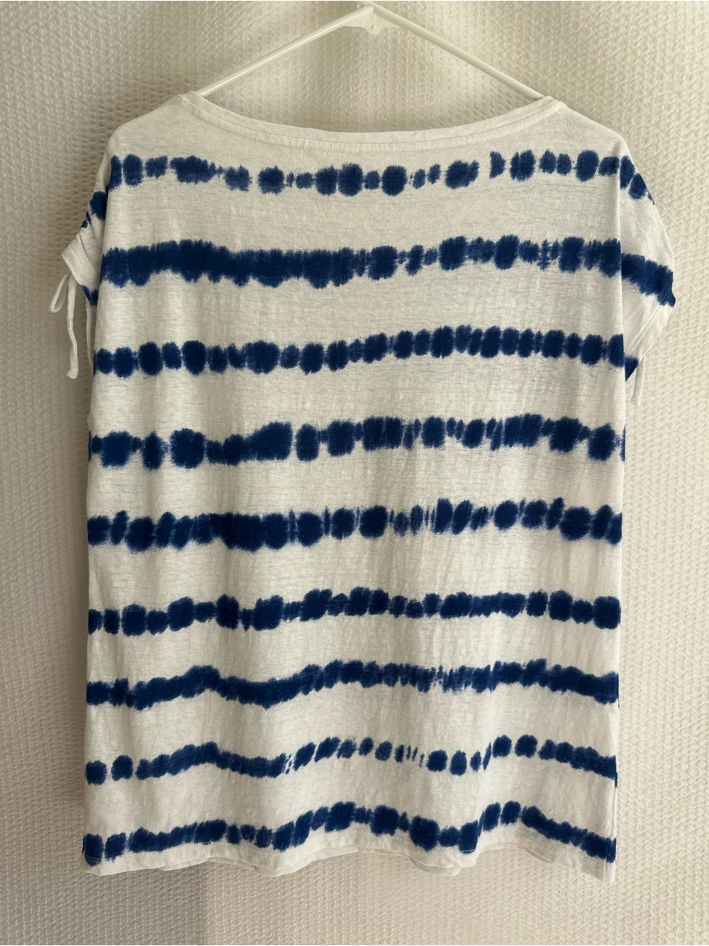 Talbots Blue White Tie Dye Stripe Linen Cotton Top Size Medium Ruched Sleeve - Picture 2 of 6
